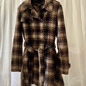 DKNY Wool Blend Plaid Coat